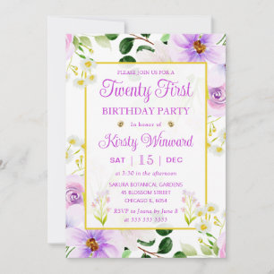 Watercolor Purple Magical Flowers 21st Birthday Invitation