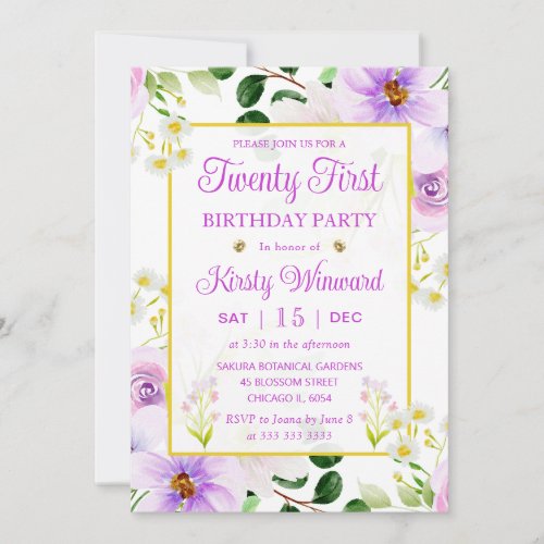 Watercolor Purple Magical Flowers 21st Birthday Invitation