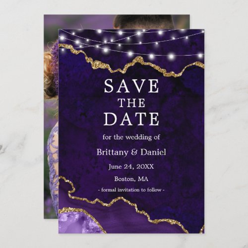 Watercolor Purple Marble Agate Geode Lights Photo Save The Date