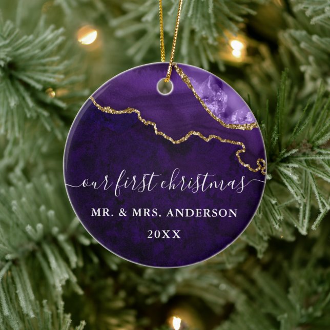Watercolor Purple Marble Agate Geode Wedding Ceramic Ornament (Tree)
