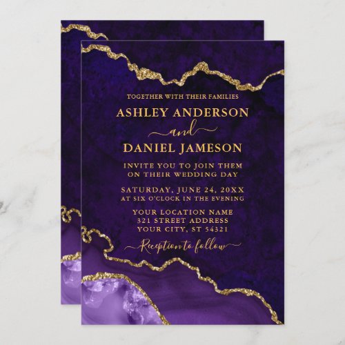 Watercolor Purple Marble Agate Geode Wedding Gold  Invitation