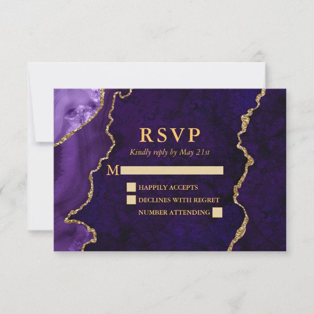 Watercolor Purple Marble Agate Geode Wedding Gold  RSVP Card (Front)
