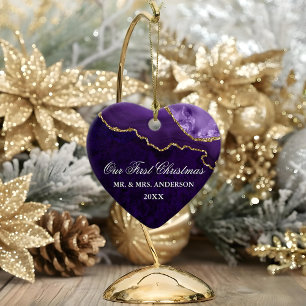 Watercolor Purple Marble Agate Geode Wedding Heart Ceramic Ornament