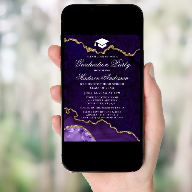 Watercolor Purple Marble Agate Graduation Party Invitation (Front Digital)