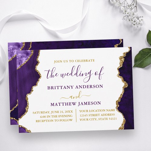 Watercolor Purple Marble and Gold Wedding Invitation