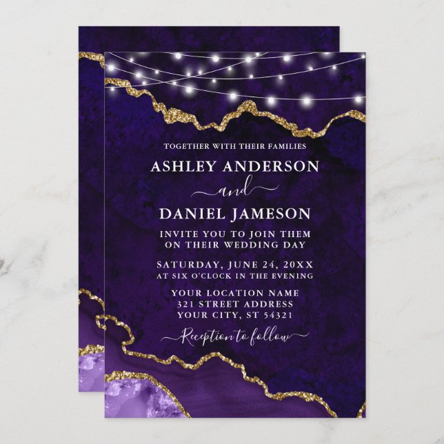 Watercolor Purple Marble Geode Lights Wedding Invitation (Front/Back)