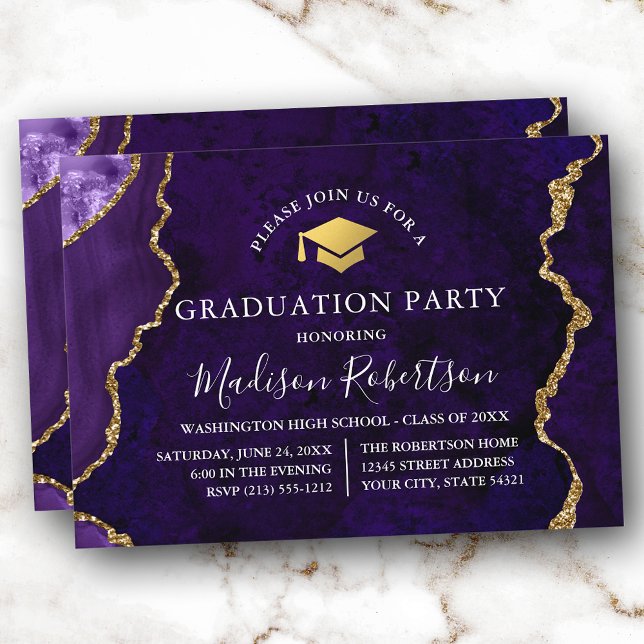 Watercolor Purple Marble Gold Cap Grad Party Invitation (Customize to add text or a photo to back of card.)