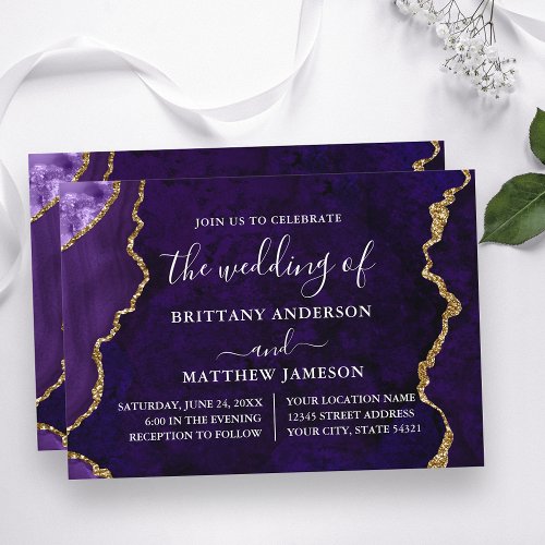 Watercolor Purple Marble Gold Wedding Invitation