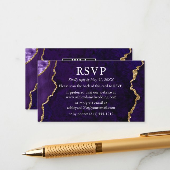 Watercolor Purple Marble Wedding RSVP QR Back Enclosure Card (Front/Back In Situ)
