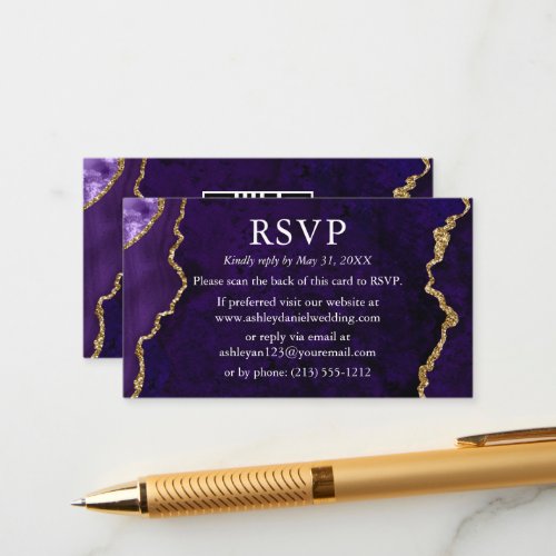 Watercolor Purple Marble Wedding RSVP QR Back Enclosure Card