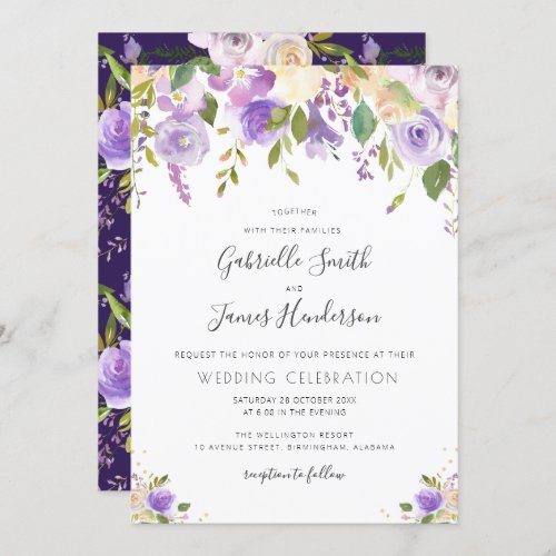 watercolor purple mauve and peach floral wedding invitation