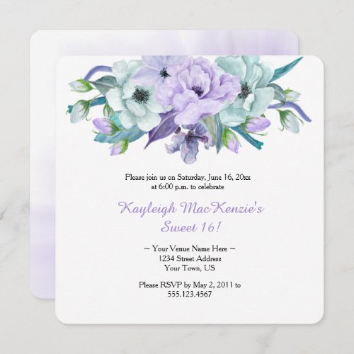 Watercolor Purple Mint Florals Sweet 16 Invitation