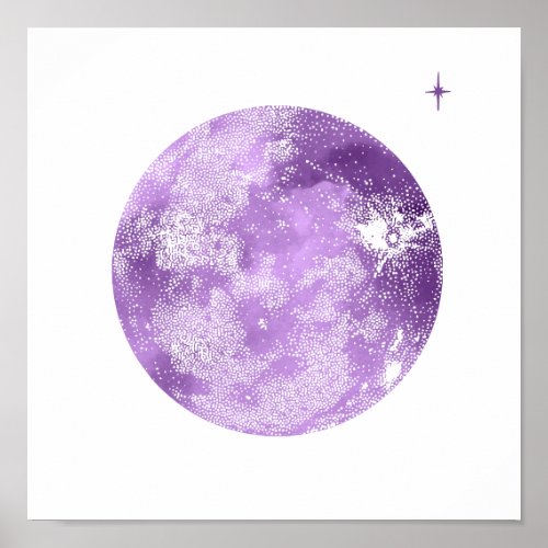 Watercolor Purple Moon  Star Night Sky Poster