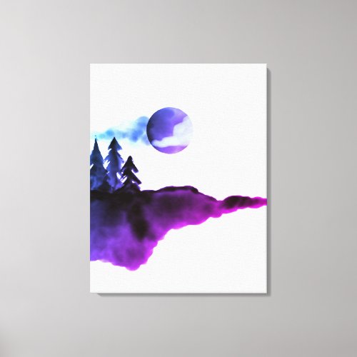 Watercolor Purple Mountains Moon Pine Trees Canvas Print