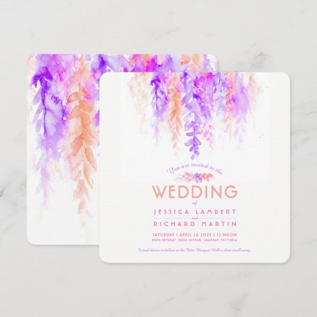 Watercolor purple orange botanic wedding invites (Front/Back)