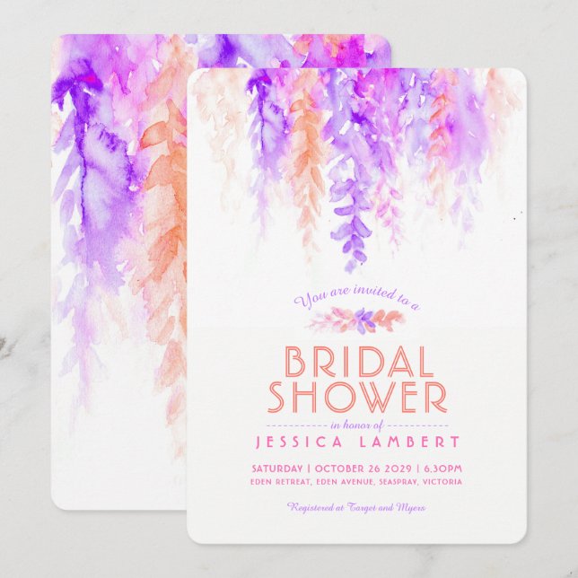 Watercolor purple orange bridal shower invites (Front/Back)
