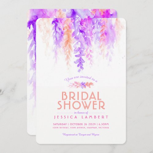 Watercolor purple orange bridal shower invites