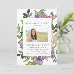 Watercolor Purple Orange Floral Graduation Party Invitation