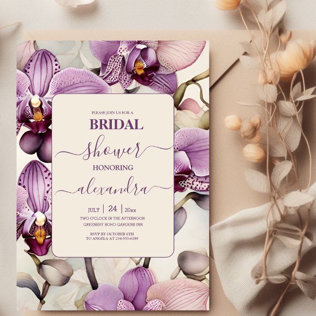 Watercolor Purple Orchid Bridal Shower Invitation (Creator Uploaded)