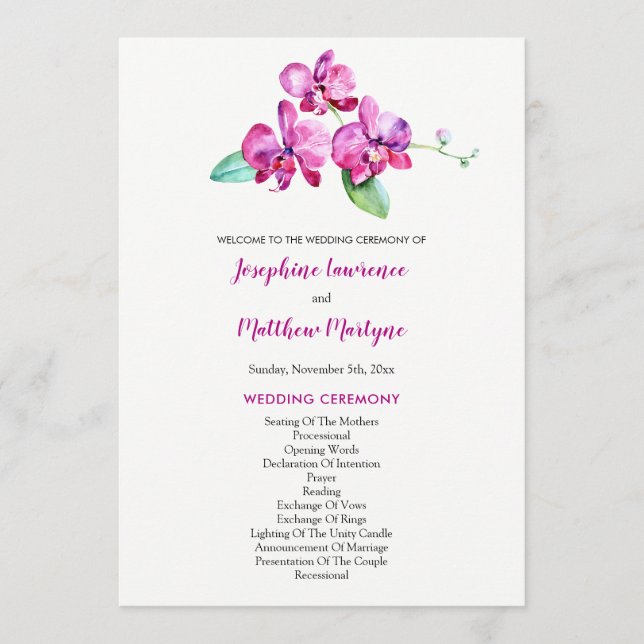 Watercolor Purple Orchid Floral Wedding Program (Front)