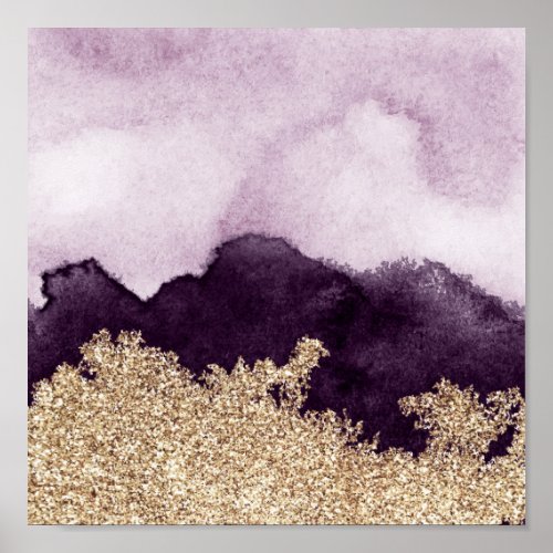 Watercolor purple paint and gold torn poster