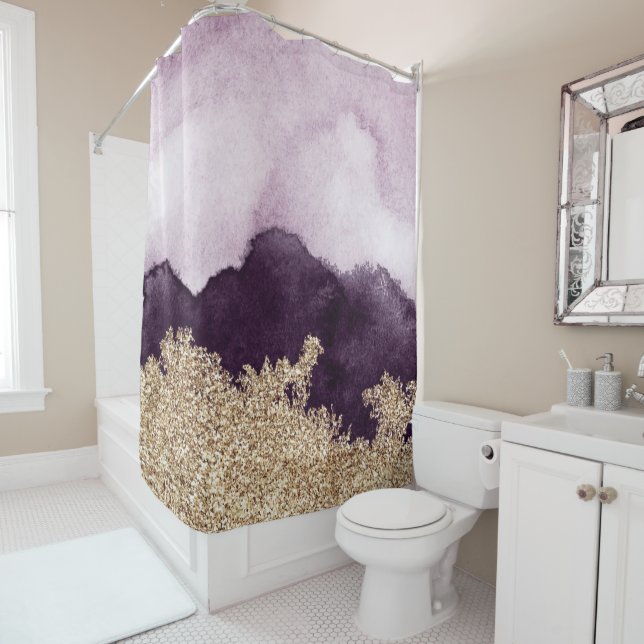 Watercolor purple paint and gold torn shower curtain (In Situ)