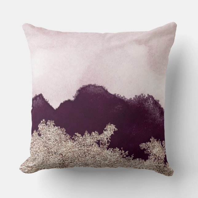 Watercolor purple paint and gold torn throw pillow (Front)