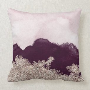 Watercolor purple paint and gold torn throw pillow