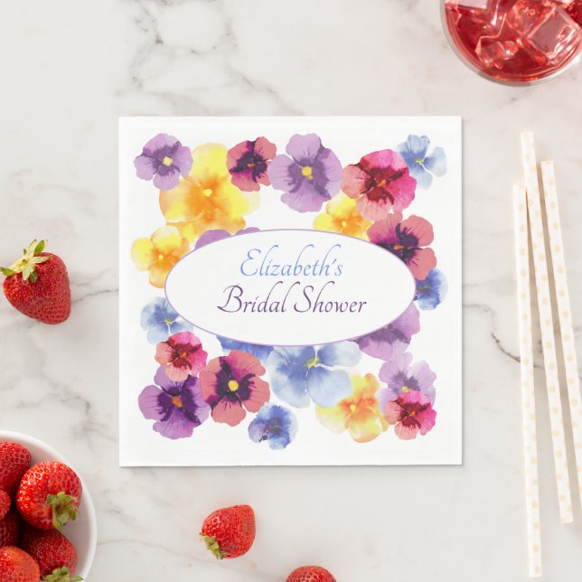 Watercolor Purple Pansies Elegant Bridal Shower Napkins (Insitu)