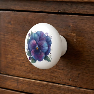 Watercolor Purple Pansy Ceramic Cabinet Knob