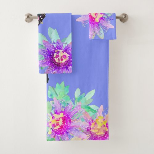 Watercolor Purple Passion Flowers and Butterflies Bath Towel Set