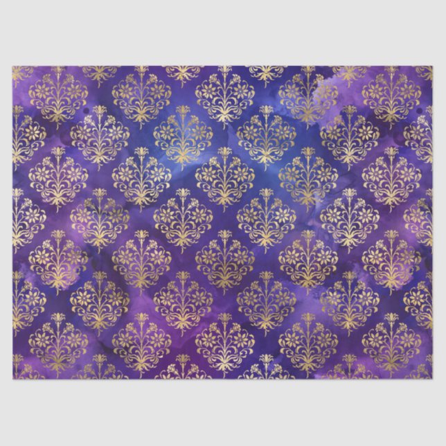 Watercolor Purple Pattern with Gold Damask Tissue Paper (Front)