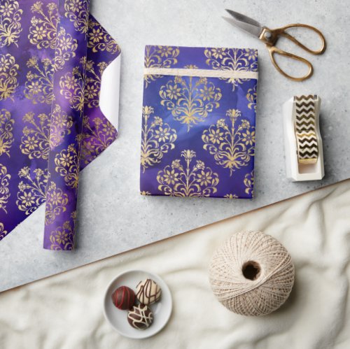 Watercolor Purple Pattern with Gold Damask Wrapping Paper