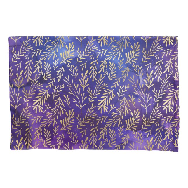 Watercolor Purple Pattern with Gold Leaves Pillow Case (Front)