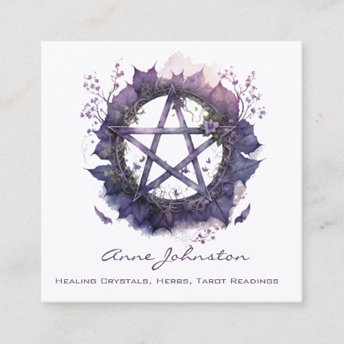 Watercolor Purple Pentagram Wreath Square Business Card