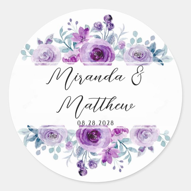 Watercolor Purple Peonies Custom Wedding Classic Round Sticker (Front)