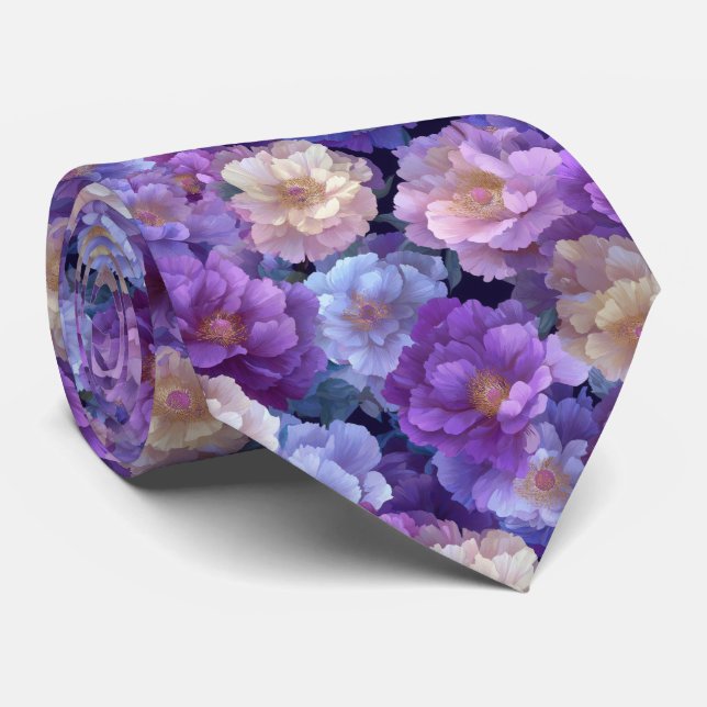 Watercolor Purple Peony Floral Pattern Neck Tie (Rolled)