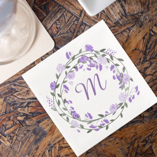 Watercolor Purple Peony Monogram Wreath Paper Dinner Napkins