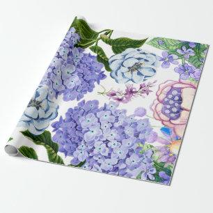 Watercolor Purple, Pink, Blue Garden Flowers Wrapping Paper