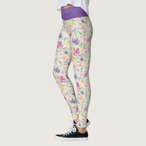 Watercolor Purple Pink Floral Flower Pattern Leggings