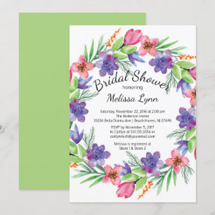 Watercolor Purple & Pink Flowers Bridal Shower Invitation