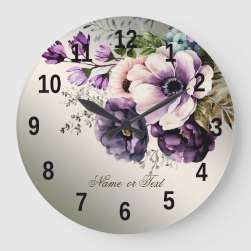 Watercolor Purple Pink Flowers Golden Elegant Large Clock