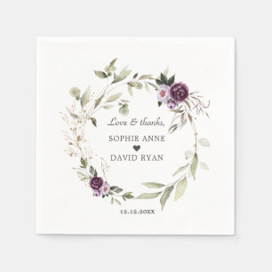 Watercolor Purple Pink Flowers Leaves Wedding Napkins