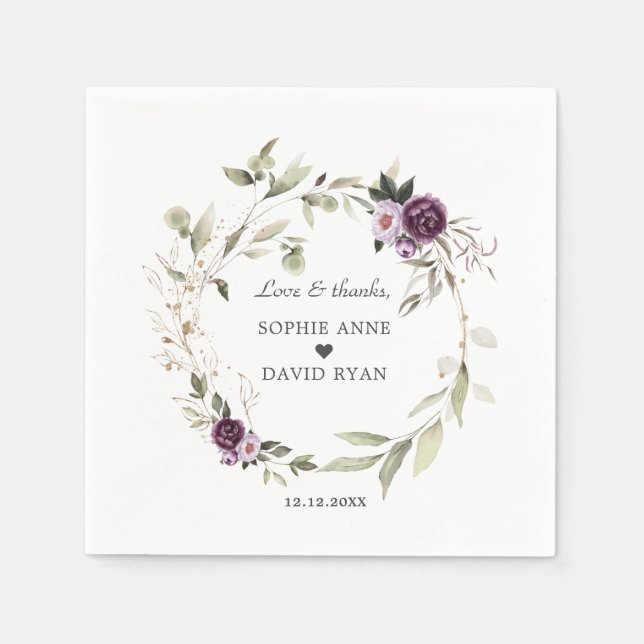 Watercolor Purple Pink Flowers Leaves Wedding   Napkins (Front)