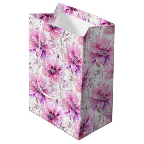 Watercolor Purple Pink Flowers Spring Pattern  Medium Gift Bag