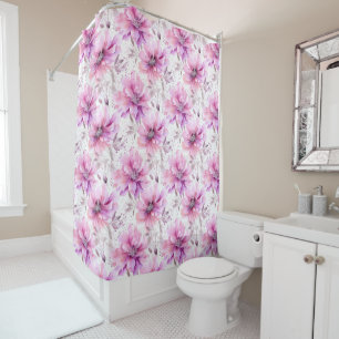 Watercolor Purple Pink Flowers Spring Pattern Shower Curtain