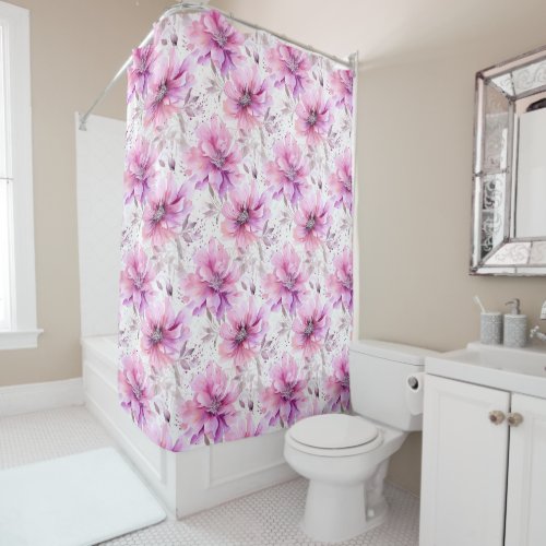 Watercolor Purple Pink Flowers Spring Pattern  Shower Curtain