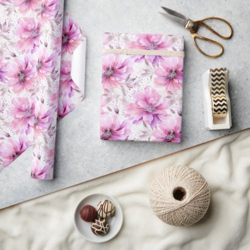 Watercolor Purple Pink Flowers Spring Pattern  Wrapping Paper