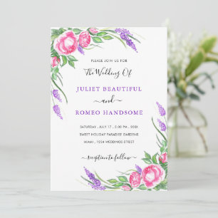 Watercolor Purple Pink Flowers Wedding Invitation