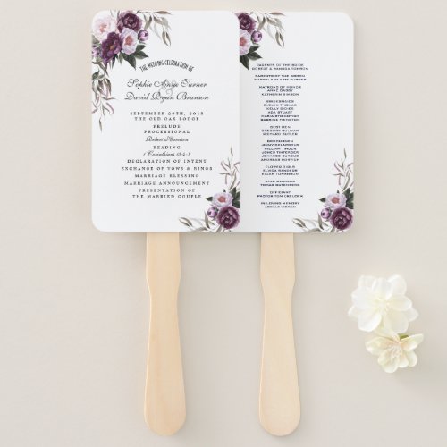 Watercolor Purple Pink Flowers Wedding Program   Hand Fan